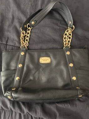 Michael Kors Black Leather Shoulder Tote with Gold Chain Accents